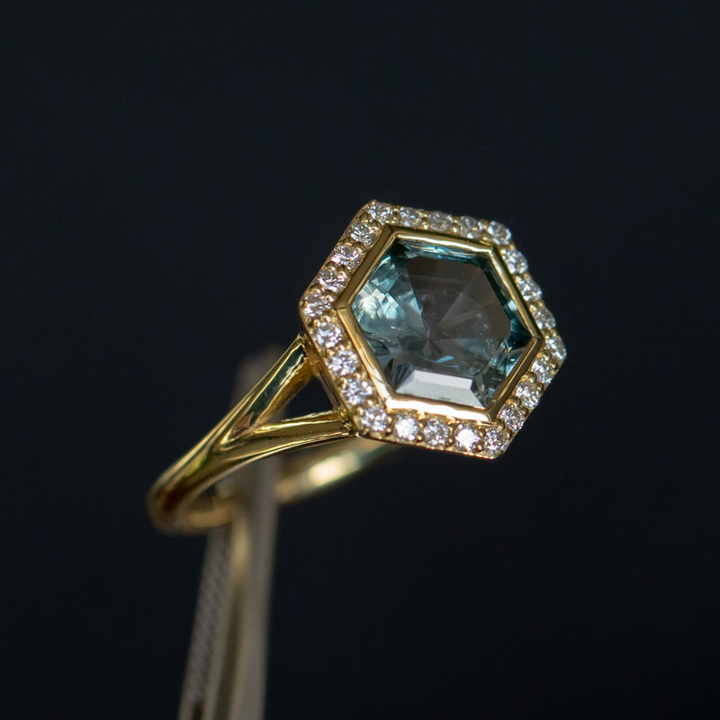 2.70ct Midnight Hexagon Montana Sapphire and Diamond Halo Bezel Set Split Shank Ring In 18k Yellow Gold