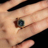 2.70ct Midnight Hexagon Montana Sapphire and Diamond Halo Bezel Set Split Shank Ring In 18k Yellow Gold