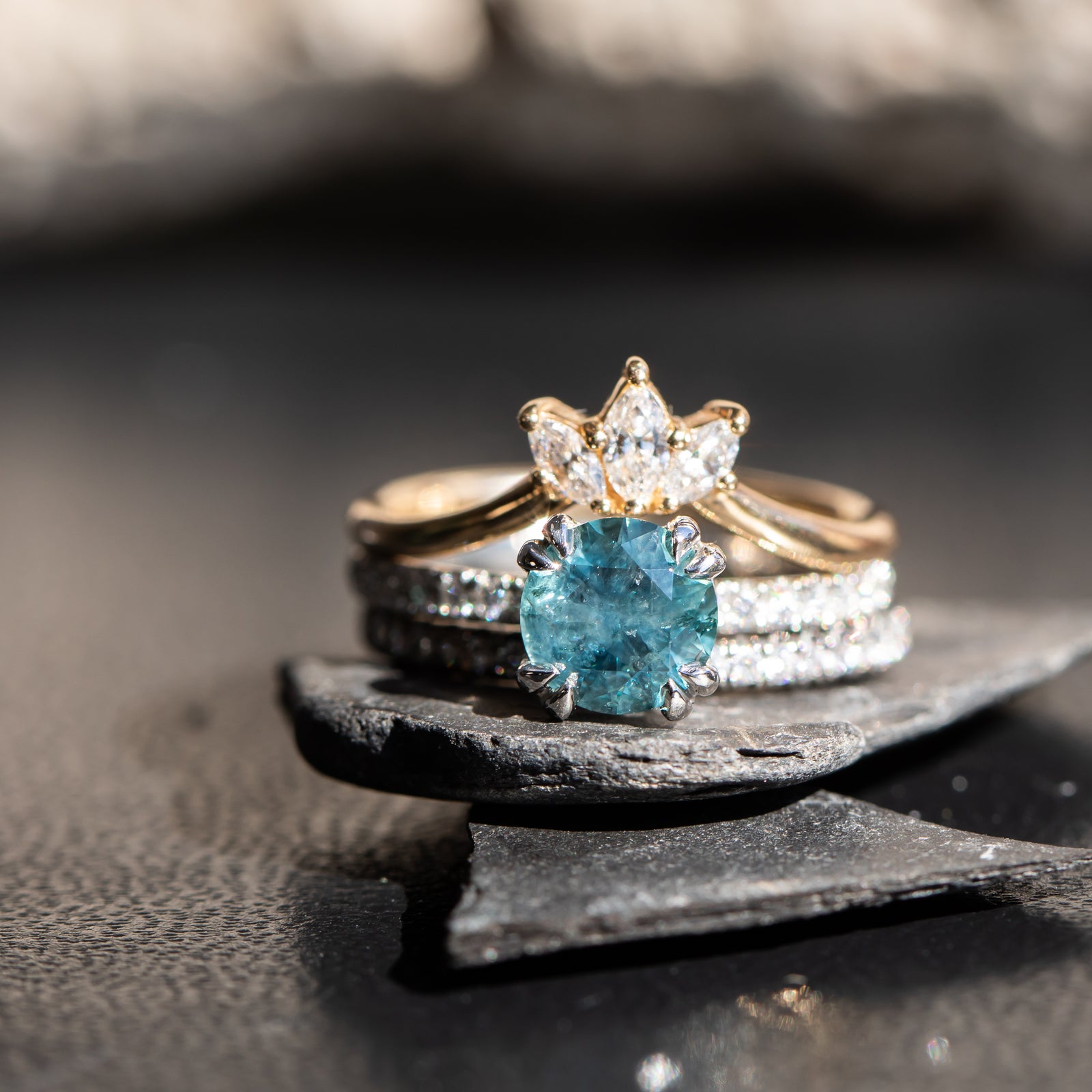 Double Claw Prong Solitaire with French Set Diamonds Stackable Sett Anueva Jewelry