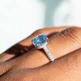 2.13ct Oval Opalescent Sapphire Hidden Halo Solitaire with French Set Diamonds in Platinum