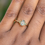 1.56ct Emerald Cut Tanzanian Sapphire and Parti Sapphire Shield Three Stone Ring in 14k Yellow Gold