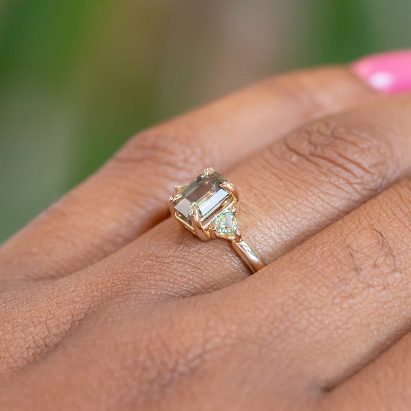 1.56ct Emerald Cut Tanzanian Sapphire and Parti Sapphire Shield Three Stone Ring in 14k Yellow Gold