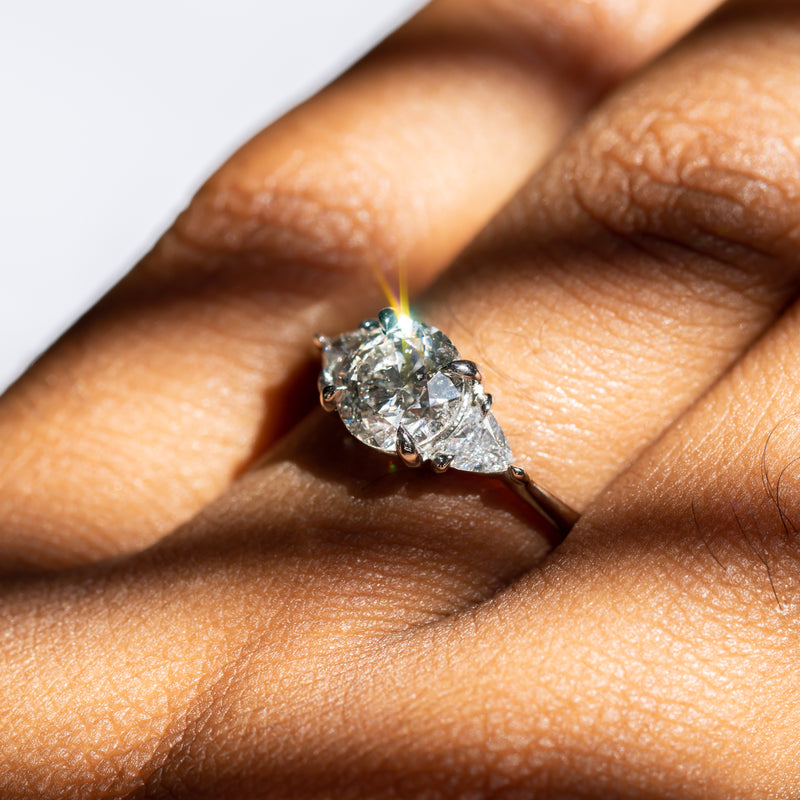 1.56ct Round Salt + Pepper Diamond and Diamond Trillion Low Profile Three Stone Ring in Platinum