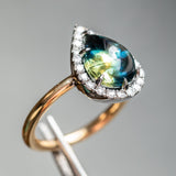 3.83ct Pear Cabochon Australian Sapphire and Blackened Halo ring in 18k Yellow Gold