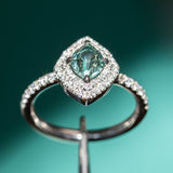 1.23ct Geo Montana Sapphire Double Diamond Halo Ring in 14K White Gold