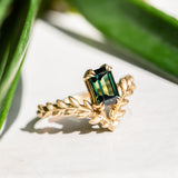 1.35ct Australian Emerald Cut Sapphire Pointed Vine Prong Set Ring in 14k yellow gold