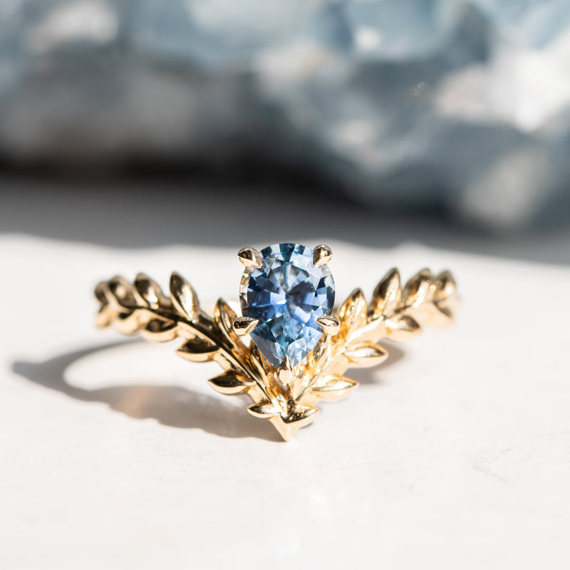 0.85ct Blue Pear Sapphire Pointed Vine Prong Set Ring in 14k yellow gold