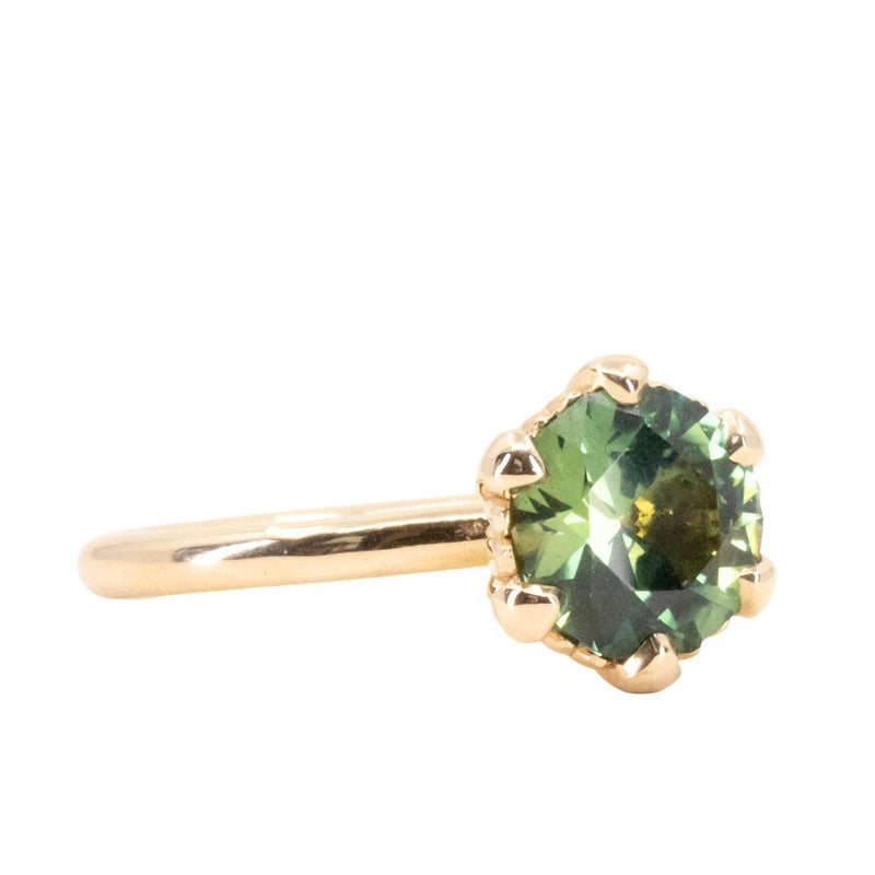 2.20ct Round Untreated Green-Teal Sapphire Scallop Cup Solitaire in 14k Yellow Gold