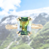 3.01ct Madagascar Parti Radiant Cut Sapphire Double Prong Evergreen Carved Stackable Solitaire in 14k Yellow Gold