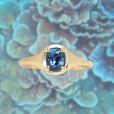 1.17ct Untreated Cushion Blue Madagascar Sapphire Low Profile 4 Prong Signet Solitaire in 14k Yellow Gold