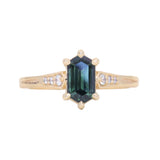 1.59ct Green Hexagon Madagascar Sapphire and Diamond Vintage Cathedral Six Prong Ring in 14k Yellow Gold