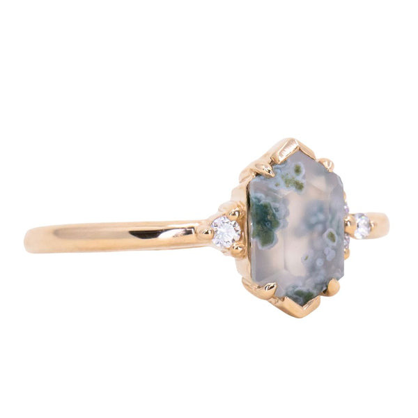 Elongated Hexagon Moss Agate Rings with Diamond Side Stones in 14K Yellow & White Gold