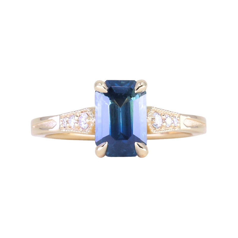 2.16ct Emerald Cut Blue Madagascar Sapphire and Diamond Vintage Cathedral Four Prong Ring in 14k Yellow Gold