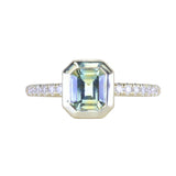 1.14ct Emerald Cut Parti Montana Sapphire Low Profile Bezel Solitaire Ring with Pavé Set Diamonds in 14k Green Gold
