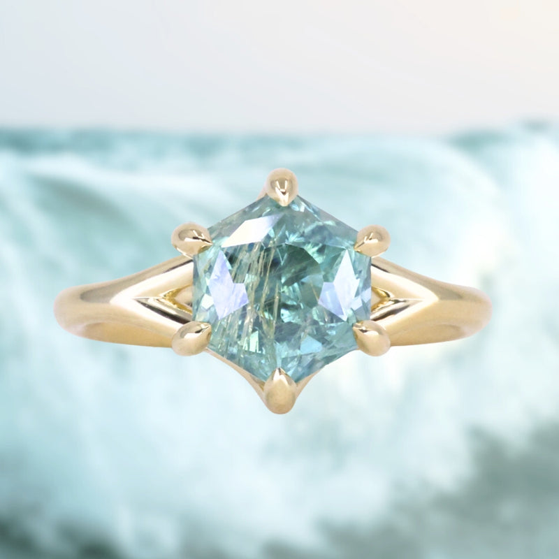 2.60ct Unheated Hexagon Montana Sapphire Low Profile Six Prong Split Shank Solitaire in 18k Yellow Gold