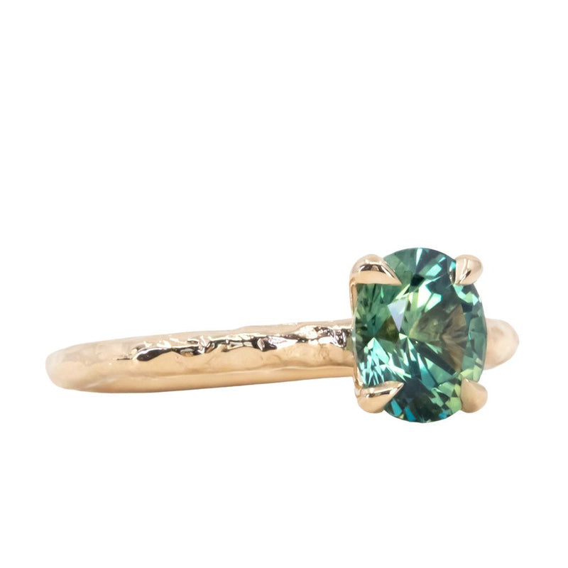 1.52ct Precision Cut Teal Green Oval Montana Sapphire Evergreen Carved Solitaire in 14k Yellow Gold