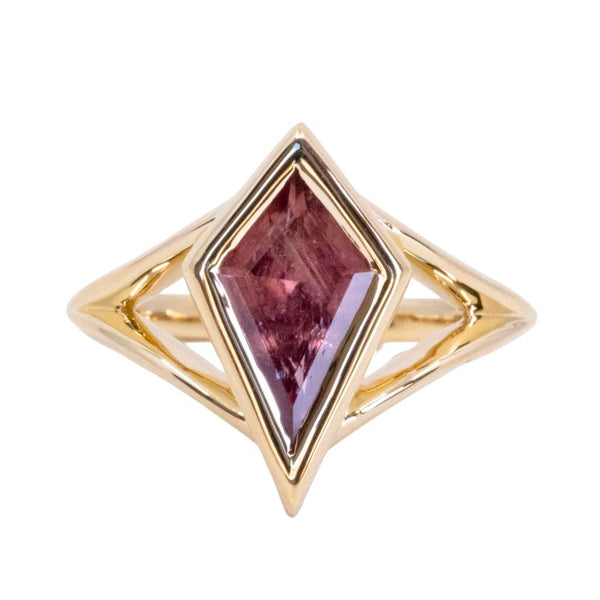 1.76ct Untreated Red Mozambique Kite Sapphire Low Profile Bezel Split Shank Solitaire Ring in 18k Yellow Gold