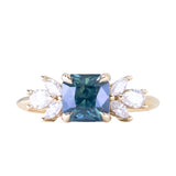 2.03ct Silky Medium Teal Radiant Cut Sapphire and Marquise Diamond Cluster Ring in 14k Yellow Gold