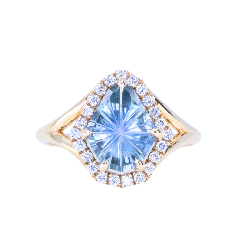 2.34ct Fantasy Cut Carved Shield Montana Sapphire Low Profile Split Shank Halo Ring in 14k Yellow Gold