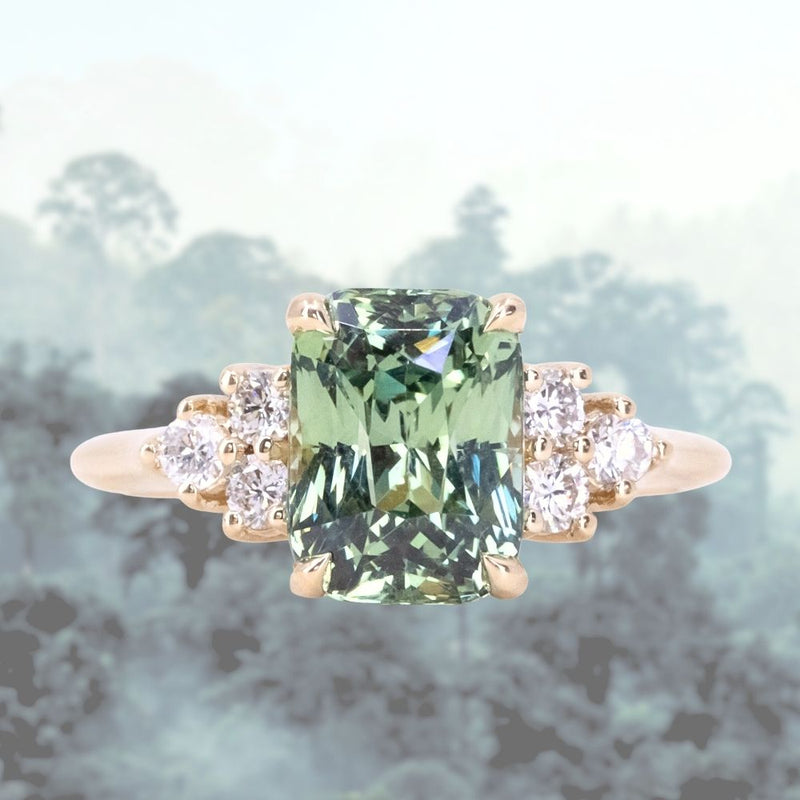 Blue Green Untreated Radiant Cut Sapphire and Diamond