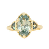 3.29ct Untreated Moval Montana Sapphire and Trillion Australian Sapphire Three Stone Scallop Cup Antique Style with Milgrain Low Profile Ring in 18k Yellow Gold