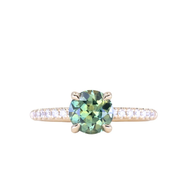 1.46ct Round Parti Green and Teal Montana Sapphire and French Set Diamond Solitaire in 14K Yellow Gold