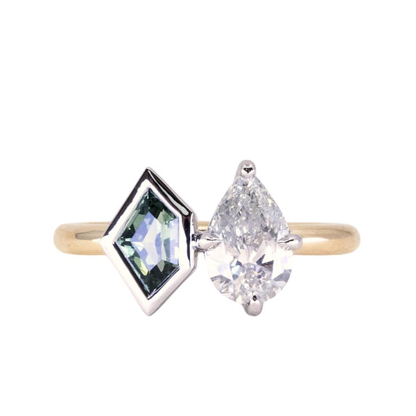 GIA 1.0ct Natural Pear Diamond and Geo Montana Sapphire Two Tone Toi Et Moi Ring in 18k Yellow Gold and Platinum