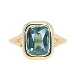 4.09ct Elongated Cushion Cut Teal Sapphire Low Profile Split Shank Bezel Ring in 14k Yellow Gold- Appraised Stone