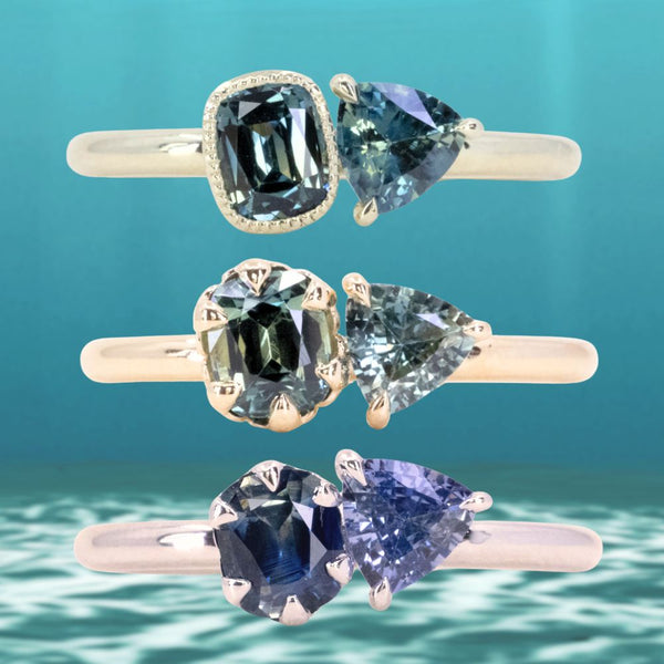 Low Profile Cushion and Trillion Sapphire Toi Et Moi Rings in 14k Green, Yellow and White Gold