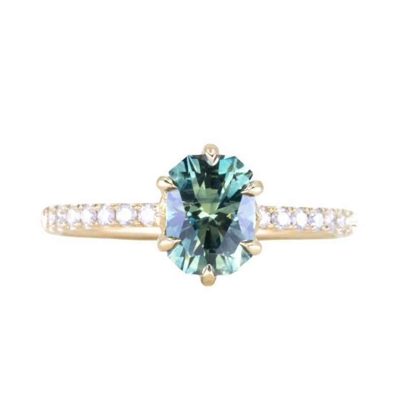 1.30ct Precision Cut Teal Green Radiant Montana Sapphire Lotus Six Prong Solitaire with Diamonds in 18k Yellow Gold