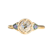 1.05ct GIA Antique Old European Cut Diamond and Trillion Madagascar Sapphire Antique Style Compass Set Low Profile Ring with Milgrain in 18k Yellow Gold