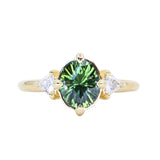 1.70ct Green Kenyan Fantasy Cut Sapphire and Diamond Antique Milgrain Three Stone Low Profile Ring in 18k Yellow Gold