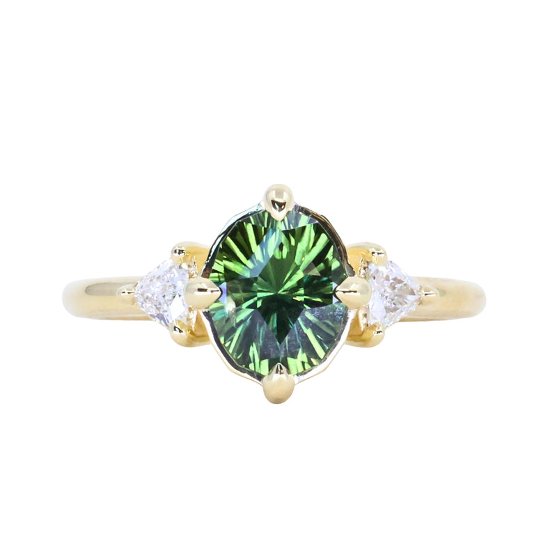1.70ct Green Kenyan Fantasy Cut Sapphire and Diamond Antique Milgrain Three Stone Low Profile Ring in 18k Yellow Gold