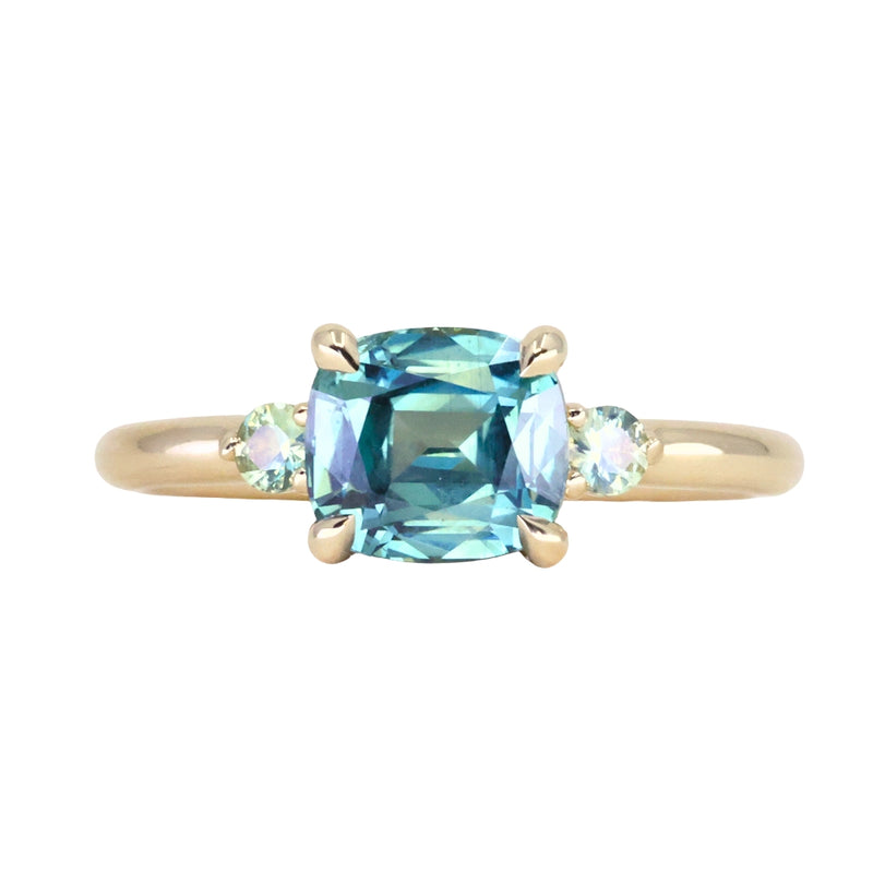 2.17ct Antique Style Unheated Cushion Cut Montana Sapphire Dainty Three Stone Ring in 14k Yellow Gold