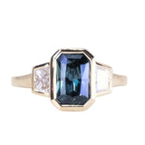 2.02ct Untreated Radiant Cut Color Shifting Sapphire and White Diamond Three Stone Bezel Set Ring in 14k Yellow Gold