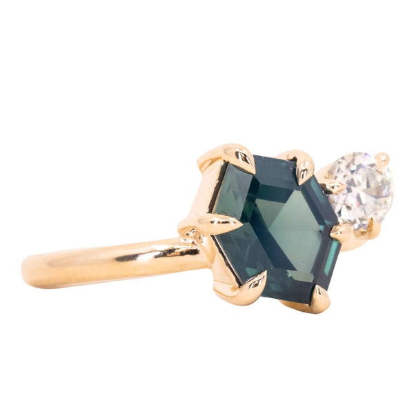 2.20ct Hexagon Sapphire & 0.36ct Antique Diamond Toi Et Moi Ring in 14k Yellow Gold