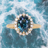 2.56ct Untreated Madagascar Oval Teal Sapphire Antique-Style Diamond Halo Ring in 18k Yellow Gold