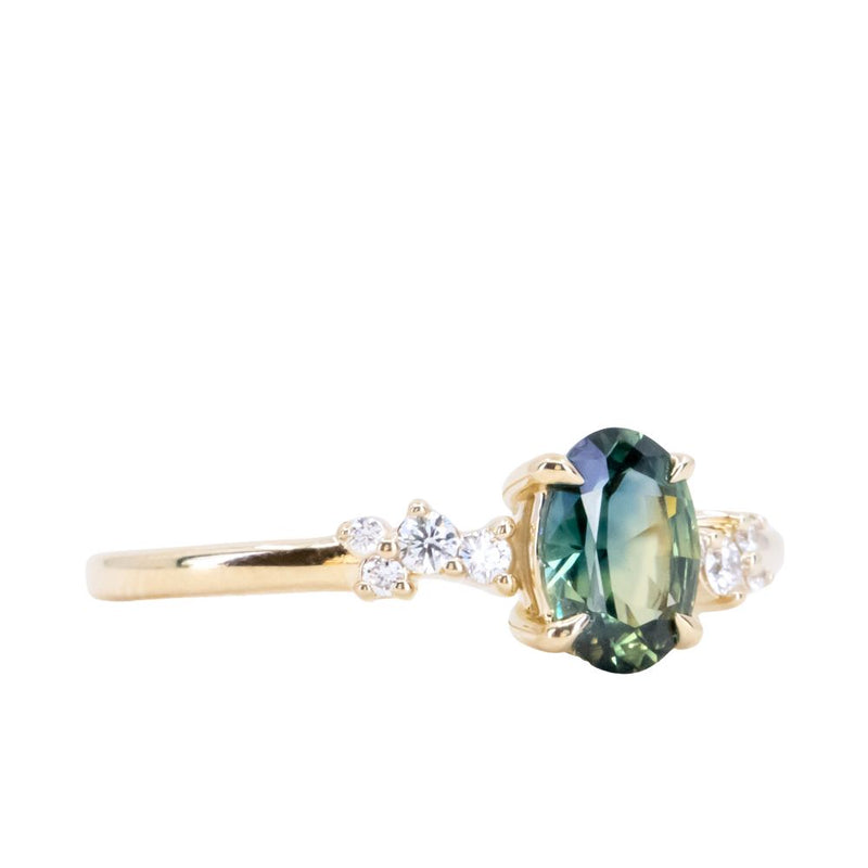 0.72ct Oval Parti Teal Sapphire and Diamond Starry Night Low Profile Solitaire in 14k Yellow Gold