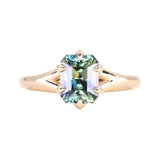 2.07ct Radiant Cut Untreated Tanzanian Sapphire Low Profile Six Prong Split Shank Solitaire in 14k Yellow Gold