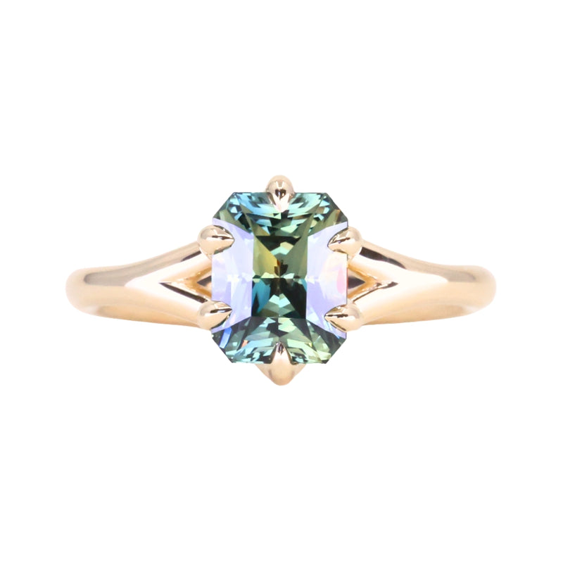 2.07ct Radiant Cut Untreated Tanzanian Sapphire Low Profile Six Prong Split Shank Solitaire in 14k Yellow Gold