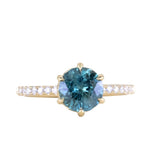 1.63ct Precision Cut Teal Round Montana Sapphire Lotus Six Prong Solitaire with Diamonds in 18k Yellow Gold