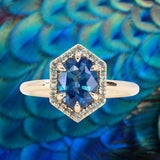 1.57ct Oval Teal Parti Sapphire and Alexandrite Hexagon Stackable Halo in 14k Yellow Gold