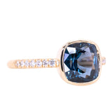 3.15ct Cushion Cut Spinel Low Profile Bezel Solitaire Ring with French Set Diamonds in 14k Yellow Gold