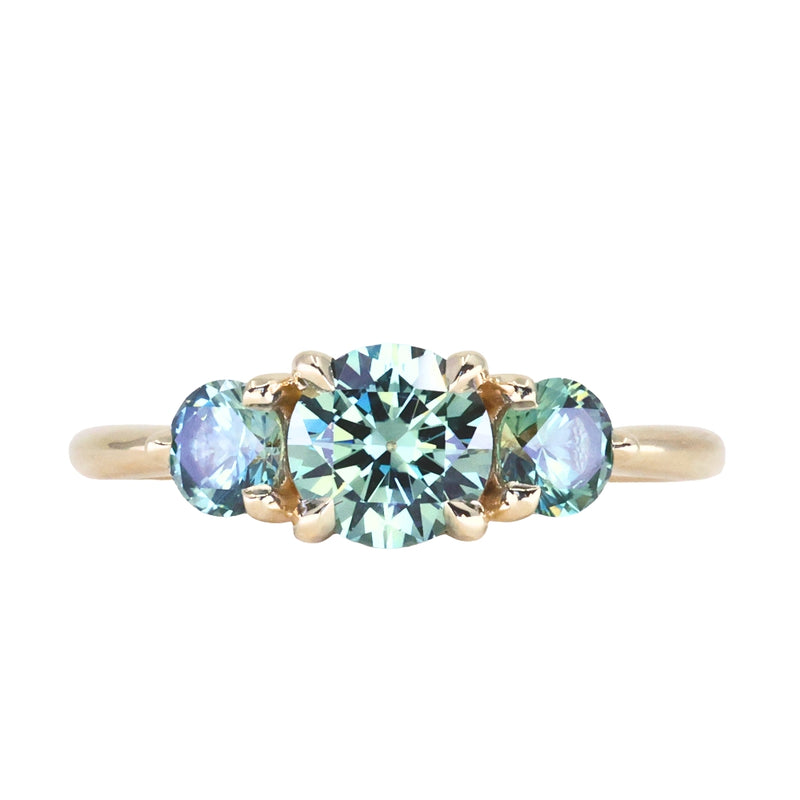 0.91ct Round Unheated Teal Green Montana Sapphire and Montana Sapphire Side Three Stone Ring in 14k Yellow Gold