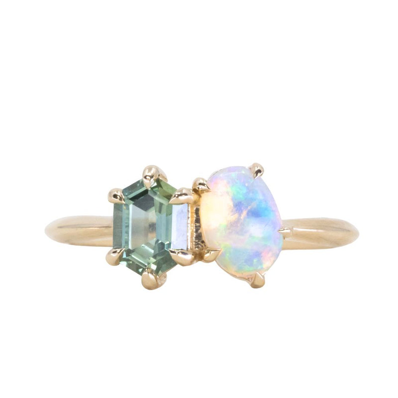 Toi Et Moi 0.74ct Hexagon Sapphire and Opal Ring in 14k Yellow gold