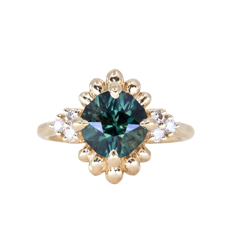 3.10ct Cushion Cut Untreated Umba Teal Green Sapphire Scalloped Diamond Cluster Ring in 14k Yellow Gold