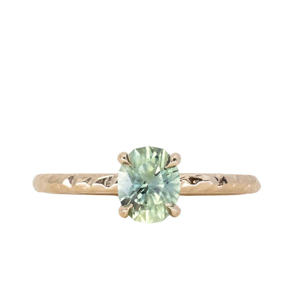 1.07ct Oval Medium Green Teal Montana Sapphire Evergreen Carved 4 Prong Solitaire in 14k Yellow Gold