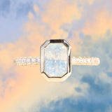 2.10ct Untreated Opalescent Radiant Cut Sapphire Low Profile Bezel Solitaire Ring with Pavé Set Diamonds in 14k Yellow Gold