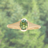 0.71ct Oval Green Precision Cut Montana Sapphire Low Profile 4 Prong Signet Solitaire in 14k Yellow Gold