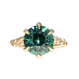 4.23ct Round Teal Green Sapphire Low Profile Wandering Vine Split Shank Six Prong Solitaire in 14k Yellow Gold